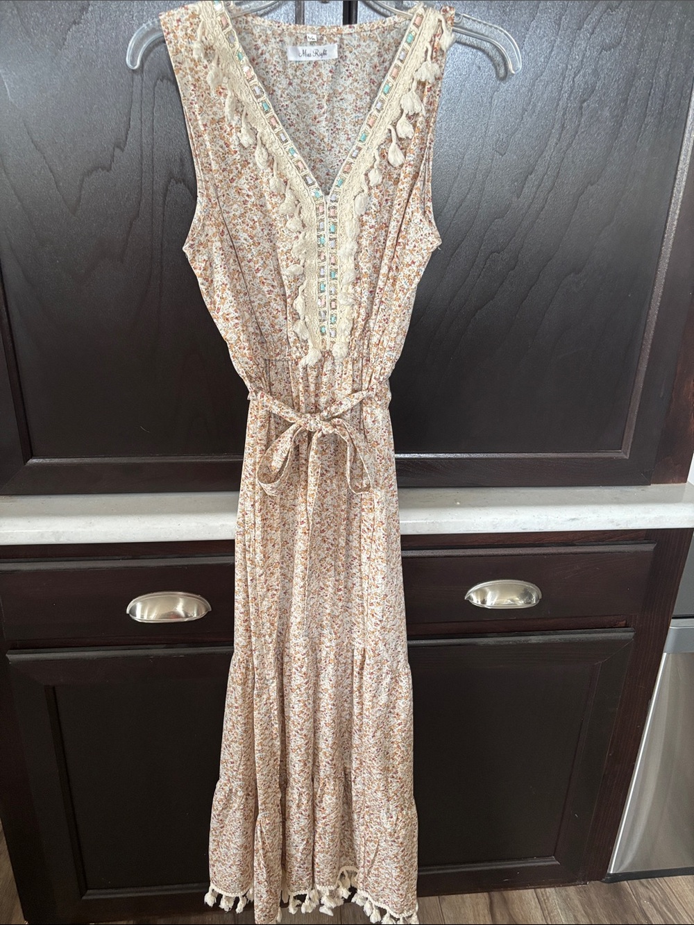Maeve Cream Floral Tie-Waist Maxi Dress with Crochet Trim